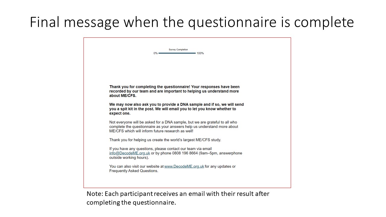 Survey completion page. You may be asked to provide a DNA sample. You will receive an email and a swab kit will be sent to you. If you have any questions contact us by email at info@decodeme.com or phone 0808 196 8664. Phone line available 9am to 5pm on weekdays. 