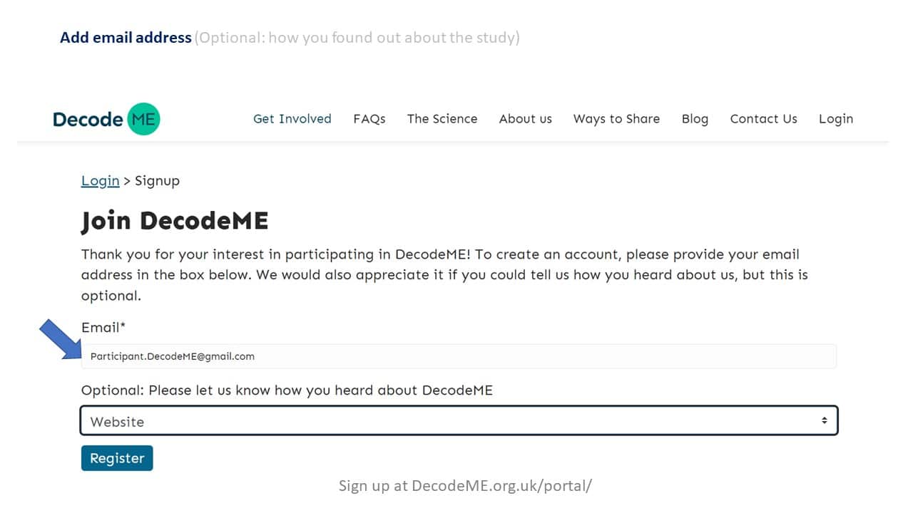Create an account with Decode ME by adding your email address. There is also the option to state how you found about Decode ME. 