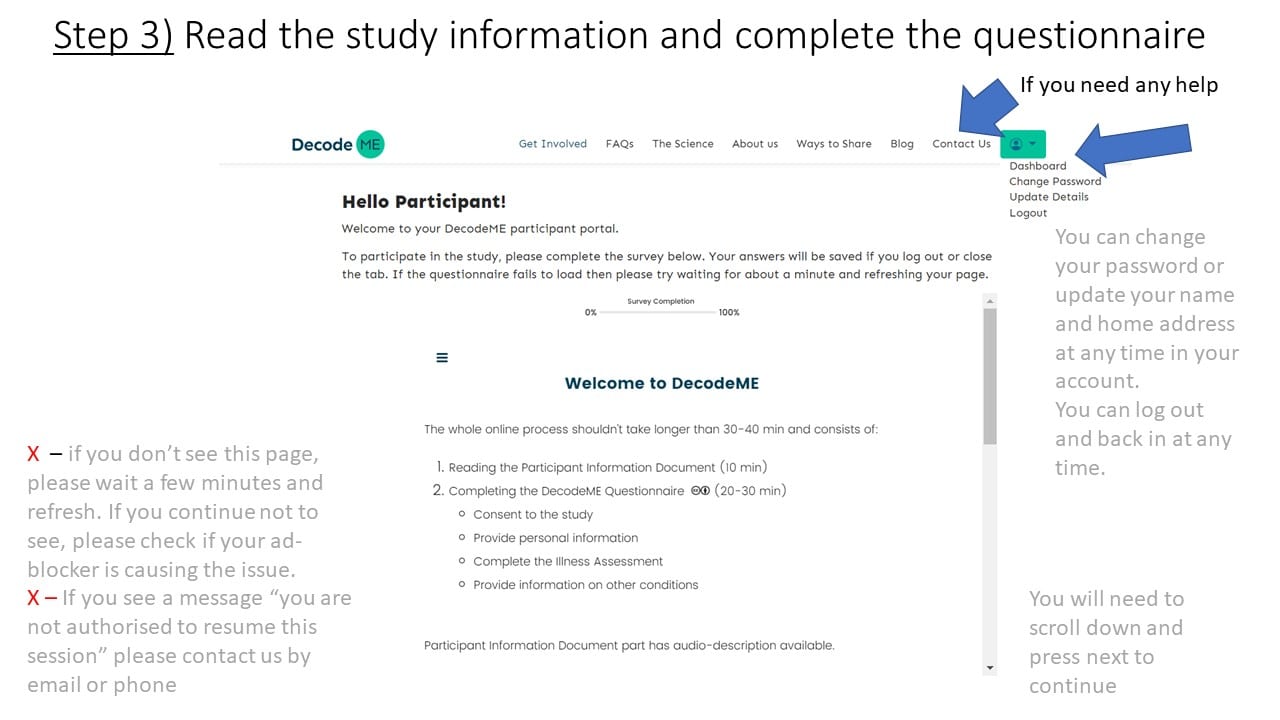 Step three: read the information and complete the questionnaire. If you need help, click the contact us button in the top right corner. If you do not see this page, wait a few seconds and refresh. You can change your name and password in your account. You can also log in and out at any time. Scroll down and press continue when you are ready.